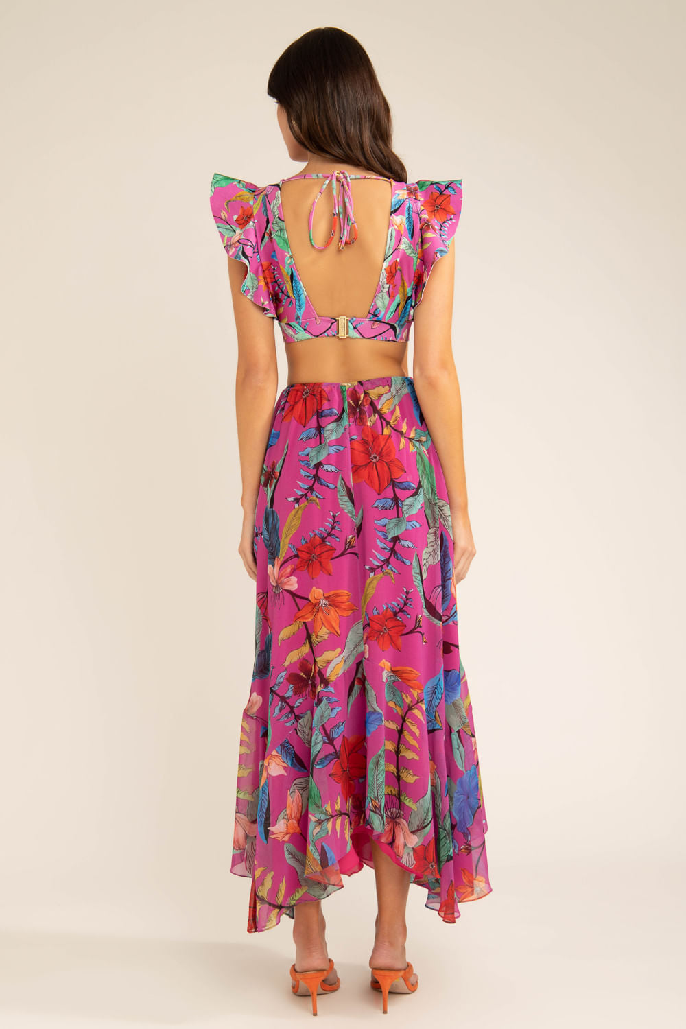 Vestido longo babado zamia rosa