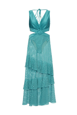Vestido longo recortes lycra strips azul
