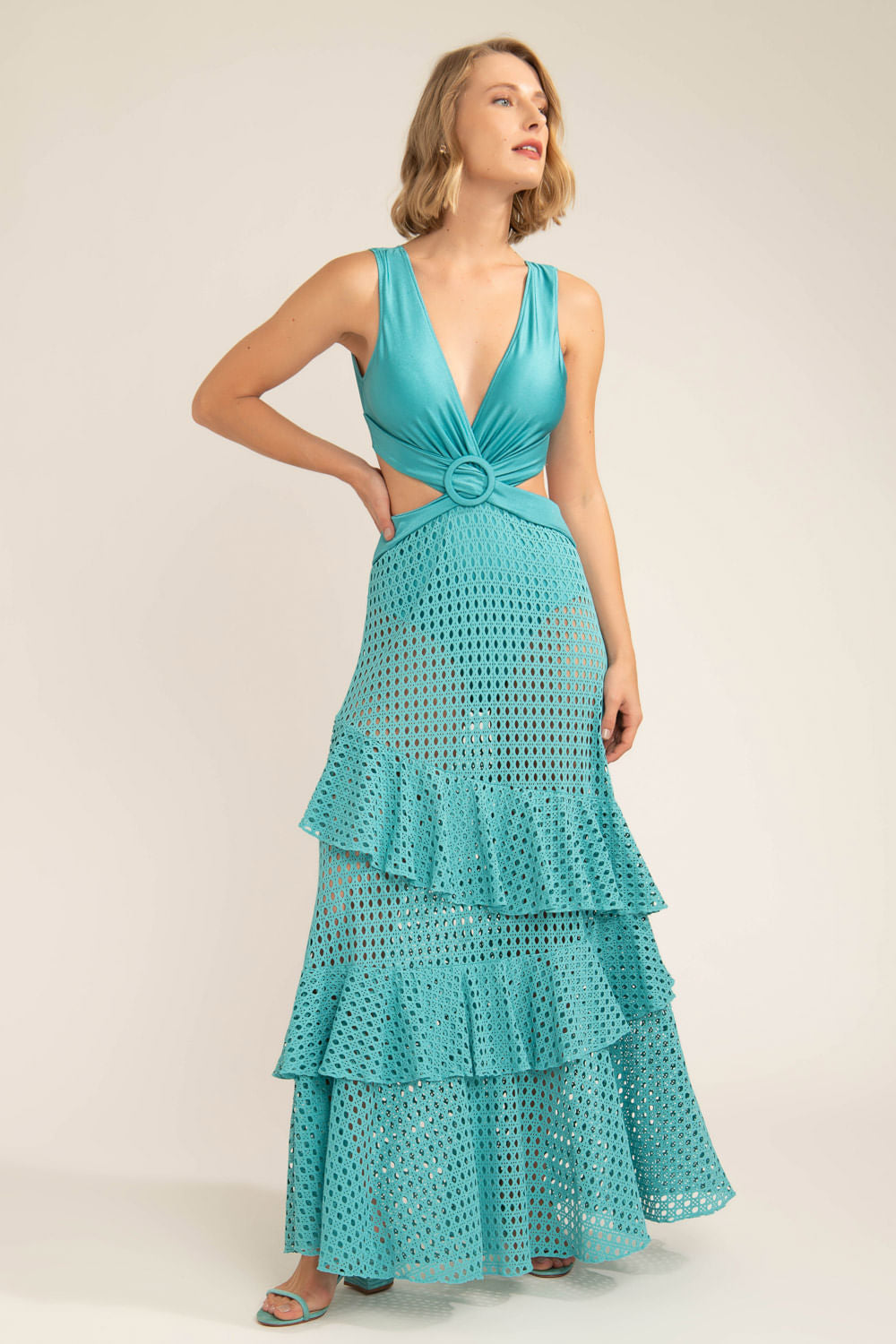 Vestido longo recortes lycra strips azul