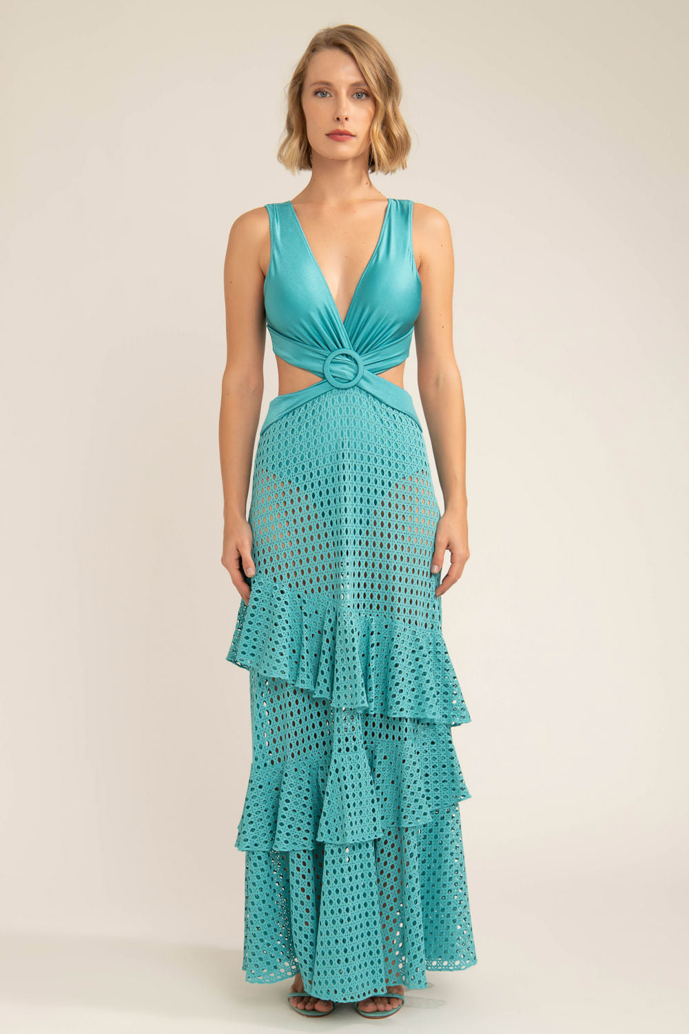 Vestido longo recortes lycra strips azul