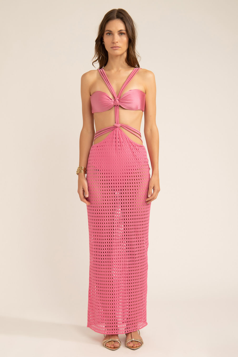 Vestido longo tiras lycra strips rosa