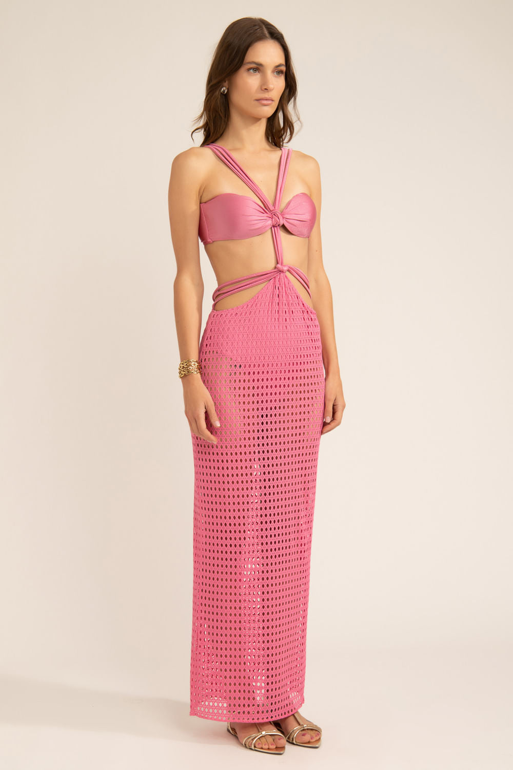 Vestido longo tiras lycra strips rosa