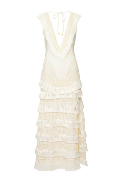VESTIDO LONGO DE FRANJAS MACRAME E LYCRA OFF WHITE