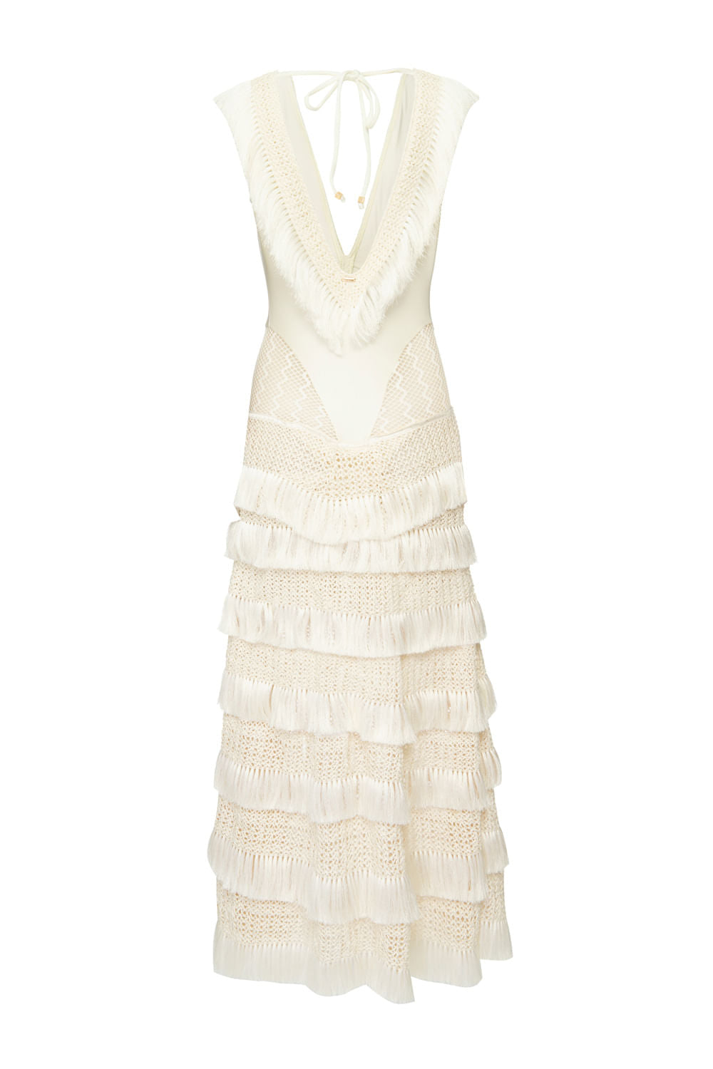 VESTIDO LONGO DE FRANJAS MACRAME E LYCRA OFF WHITE