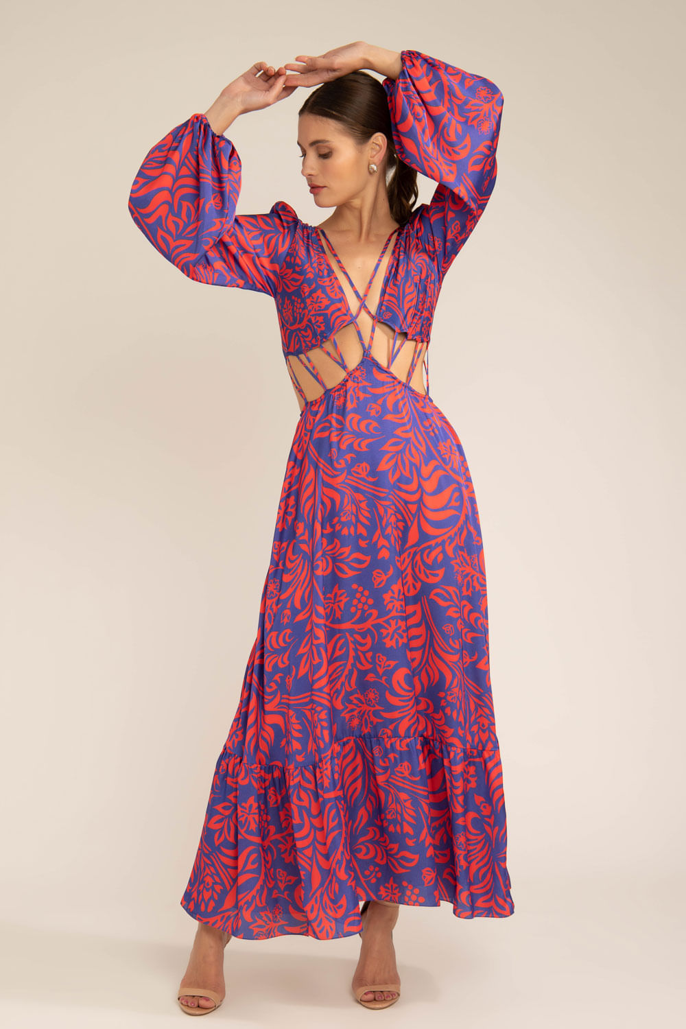 VESTIDO LONGO TIRAS TROPICAL GRÁFICO AZUL