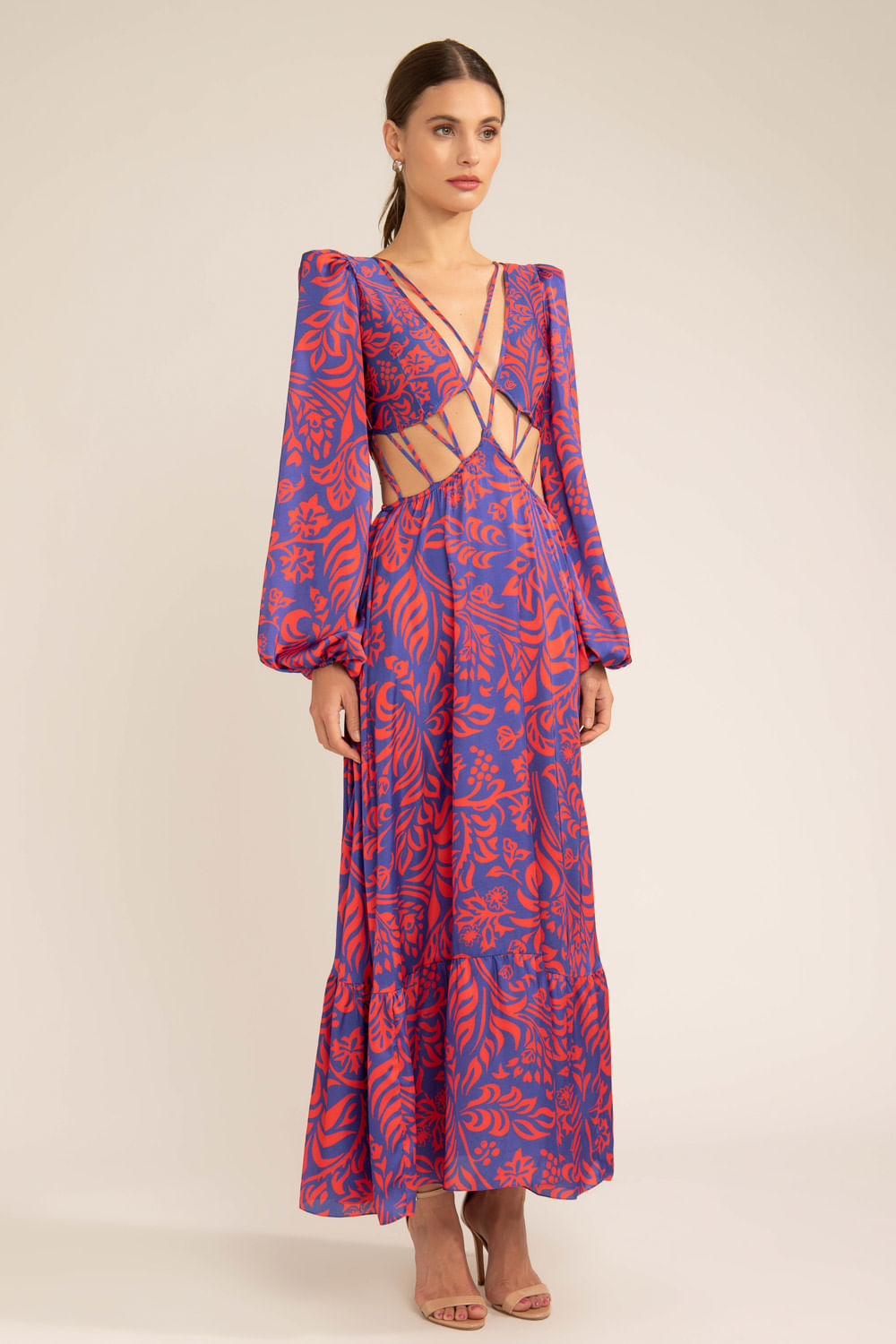 VESTIDO LONGO TIRAS TROPICAL GRÁFICO AZUL