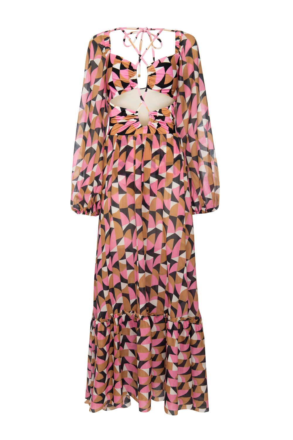 VESTIDO LONGO MANGAS GEOMÉTRICO ZELLIJ ROSA