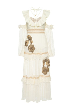 Vestido longo tela lycra navy bordado off white