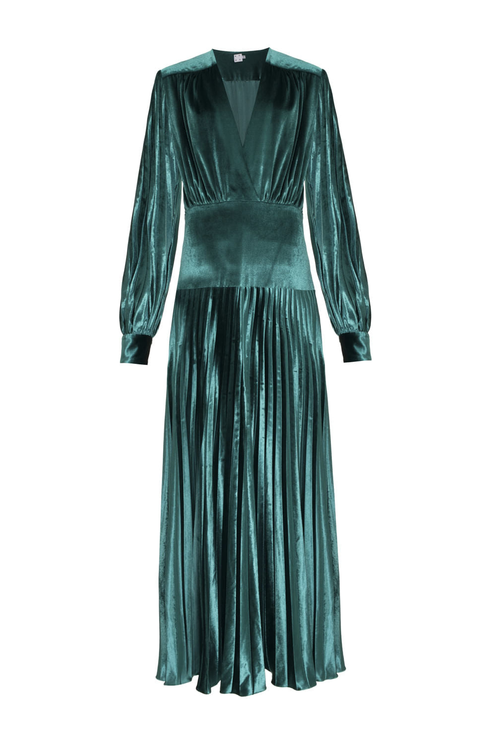 VESTIDO LONGO MANGAS VELUDO PLISSADO VERDE