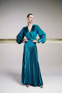 VESTIDO LONGO MANGAS VELUDO PLISSADO VERDE