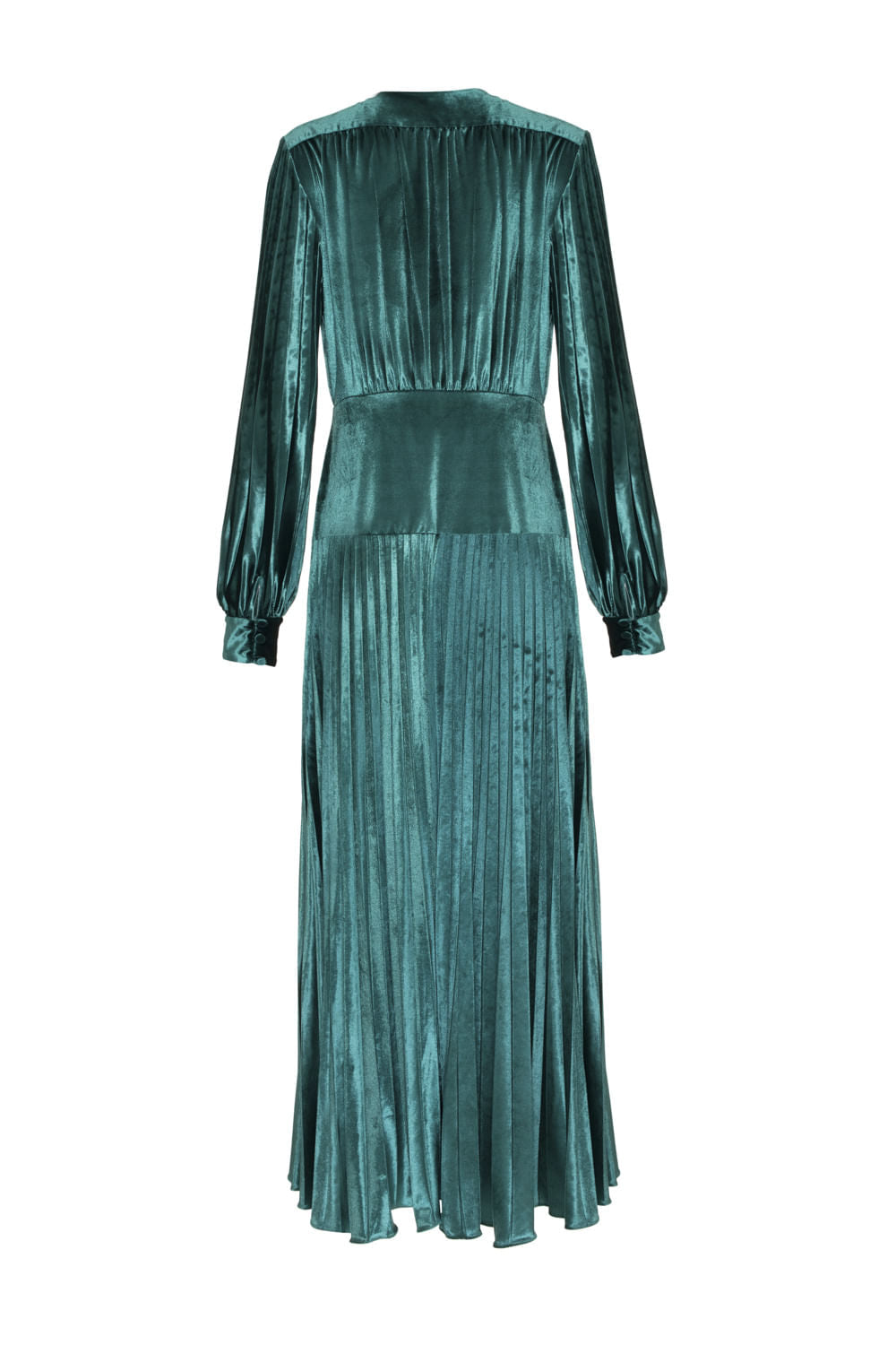 VESTIDO LONGO MANGAS VELUDO PLISSADO VERDE