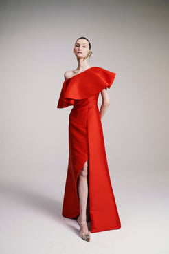 VESTIDO LONGO OMBRO ÚNICO BABADO ZIBELINE VERMELHO