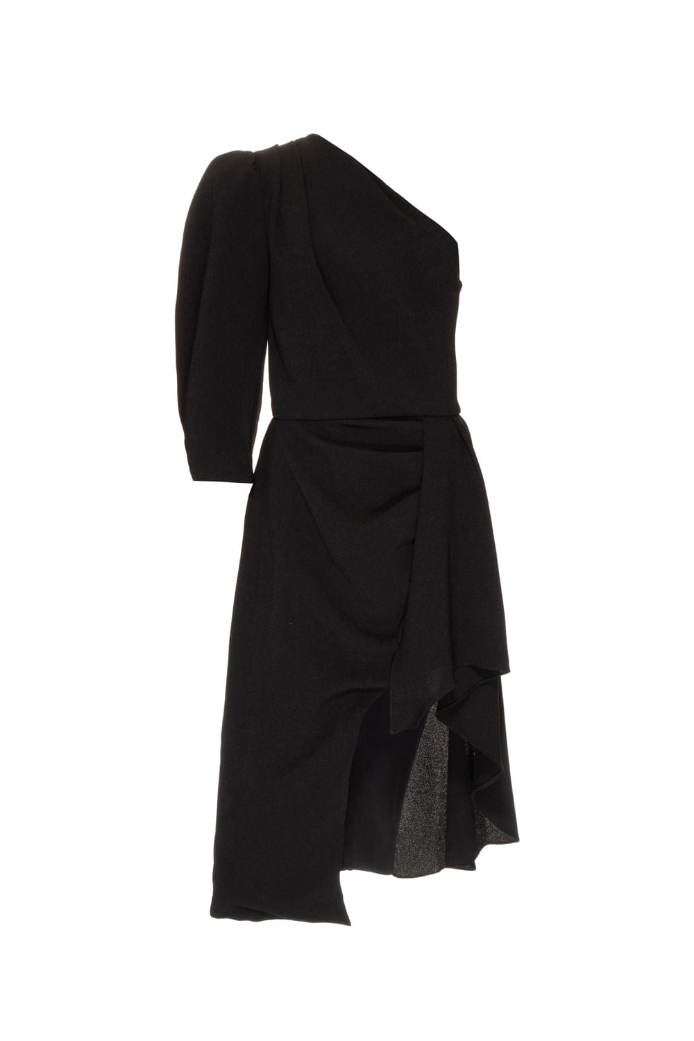 VESTIDO MÍDI OMBRO ÚNICO MANGA BUFANTE CREPE PRETO