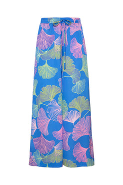 CALÇA AMPLA CETIM MEMORY LEAVES AZUL
