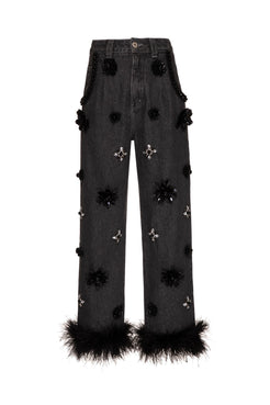 CALÇA BORDADA PLUMAS BLACK DENIM VOGEL JEANS