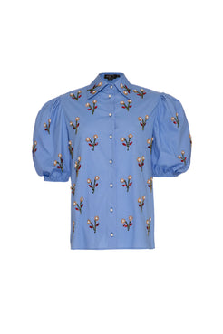 Camisa mangas bufantes bordado tricoline spencer azul