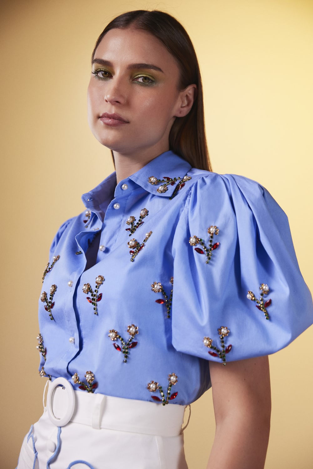 Camisa mangas bufantes bordado tricoline spencer azul