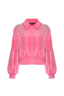Jaqueta bordado franzido veludo babylon rosa