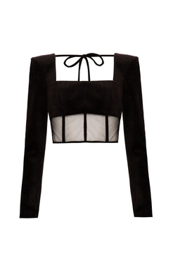 TOP CROPPED RECORTES TULE VELUDO BABYLON PRETO