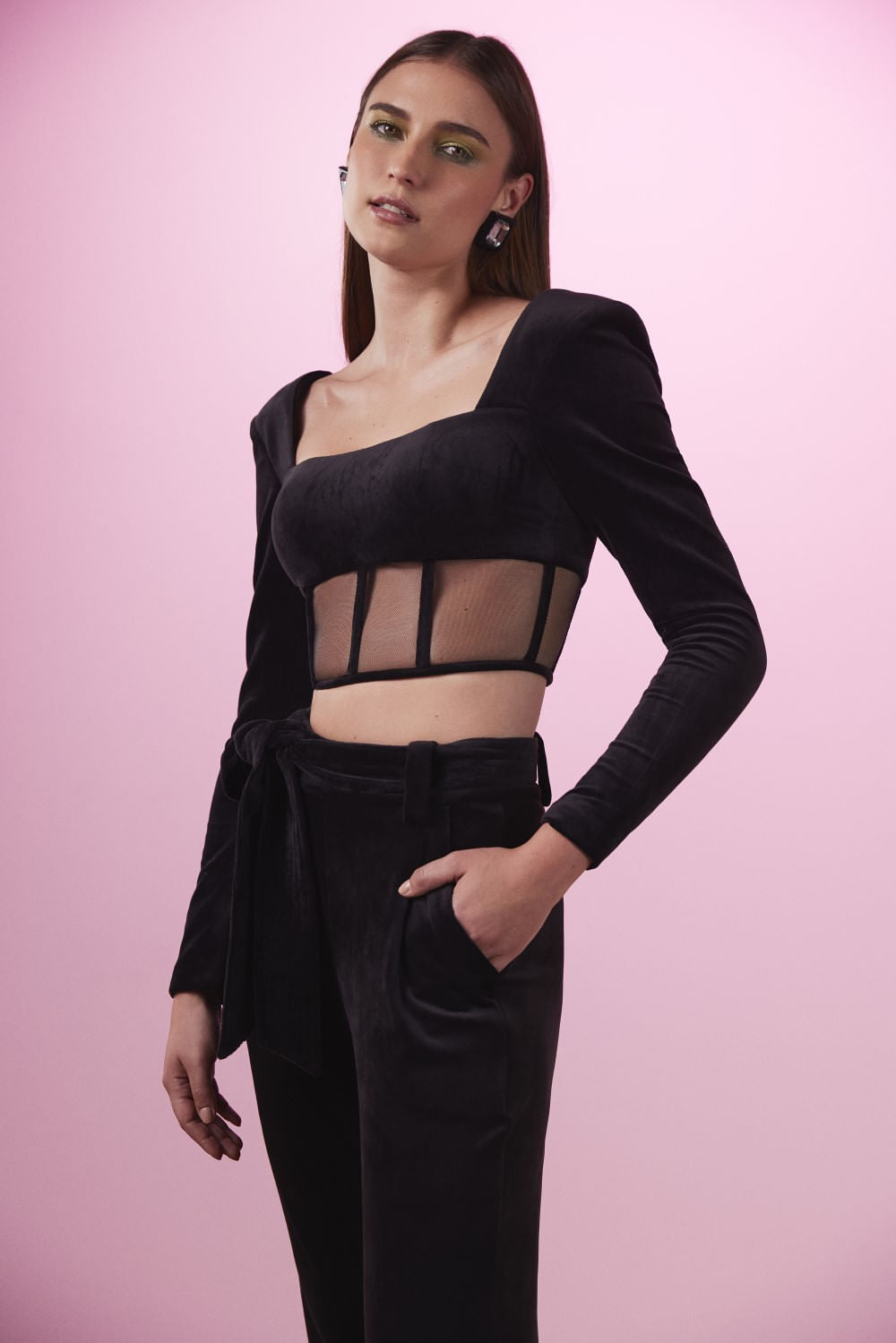 TOP CROPPED RECORTES TULE VELUDO BABYLON PRETO