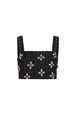 Top cropped bordado renda guipir preto