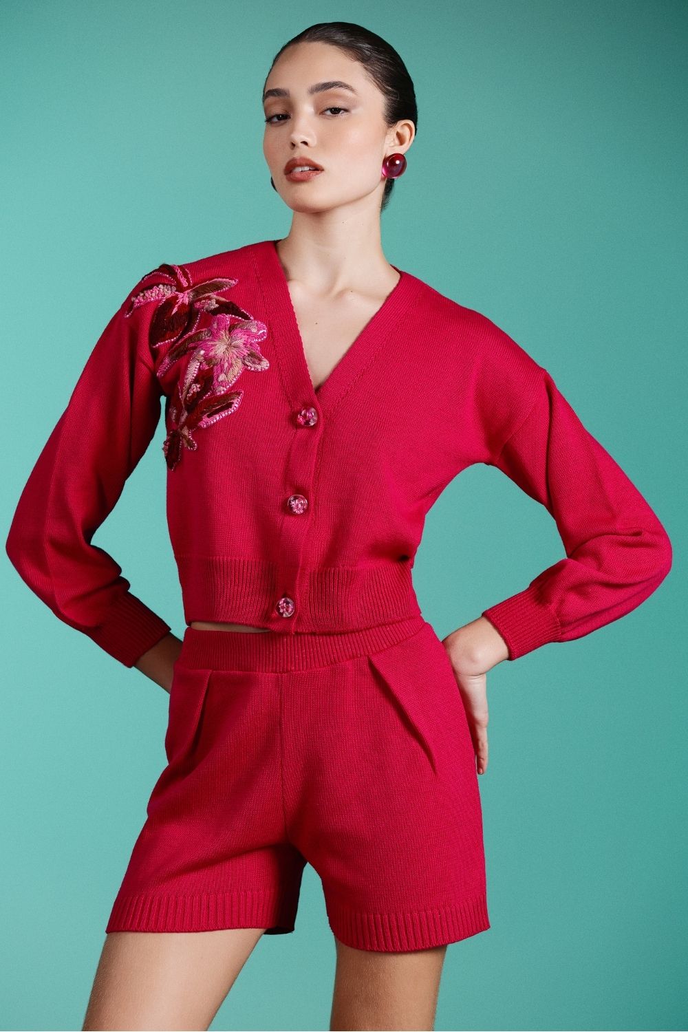 Tricot bordado botões miss emily pink