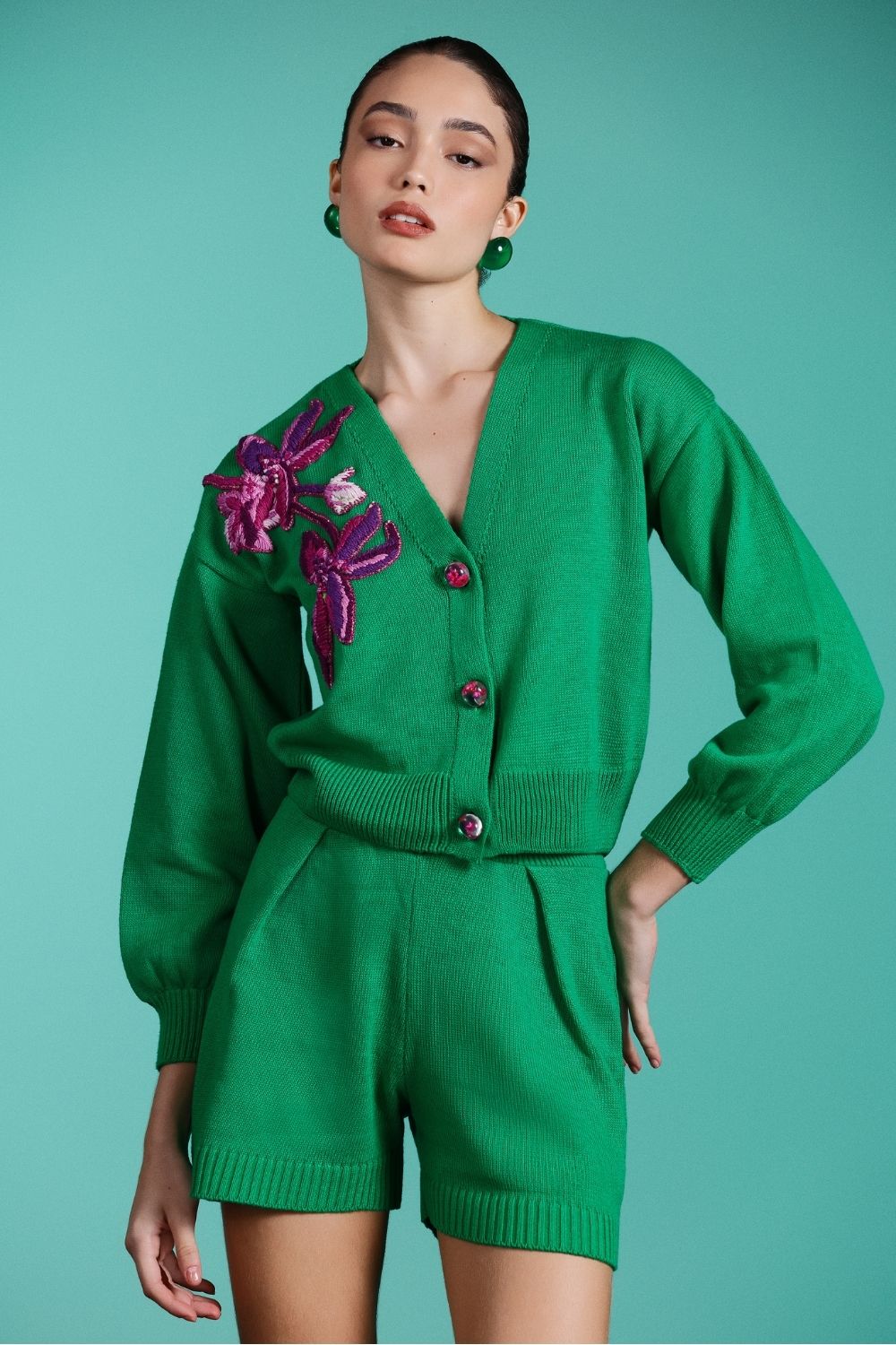 Tricot bordado botões miss emily verde