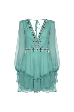 Vestido curto bordado manga longa silky stardust verde
