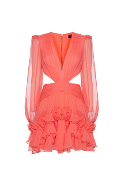 VESTIDO CURTO BABADOS CHIFFON TURNER CORAL