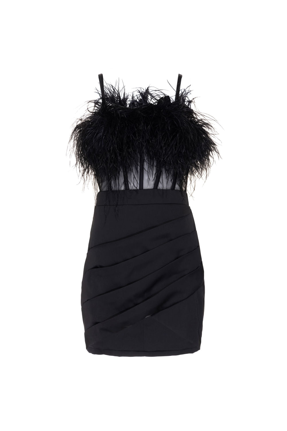 VESTIDO CURTO PLUMAS CETIM EUPHORIA PRETO