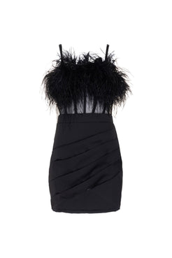 VESTIDO CURTO PLUMAS CETIM EUPHORIA PRETO