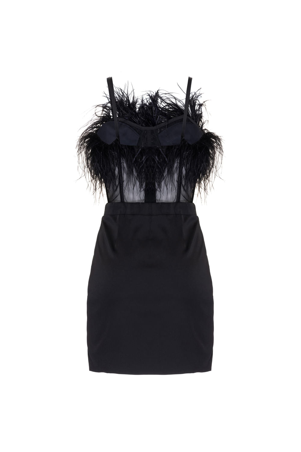 VESTIDO CURTO PLUMAS CETIM EUPHORIA PRETO