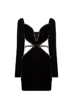 Vestido curto recortes bordado veludo eve preto