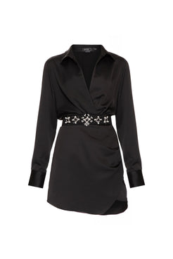 VESTIDO CURTO TRANSPASSADO CETIM RAMPLING PRETO