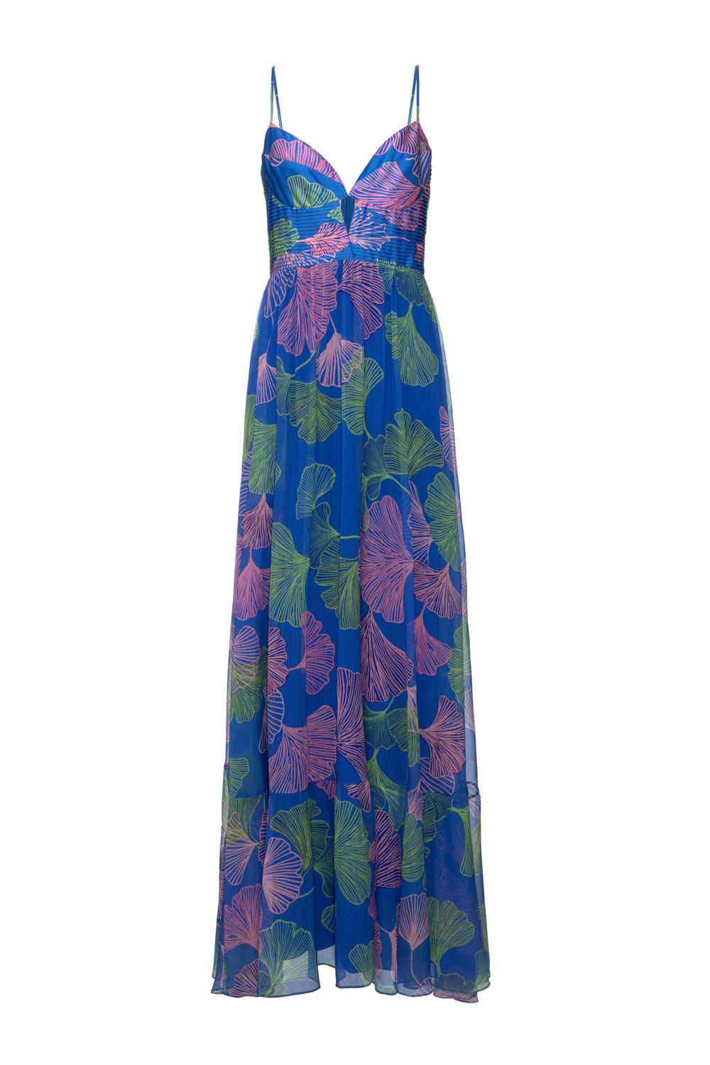 VESTIDO LONGO PLISSADO CETIM MEMORY LEAVES AZUL