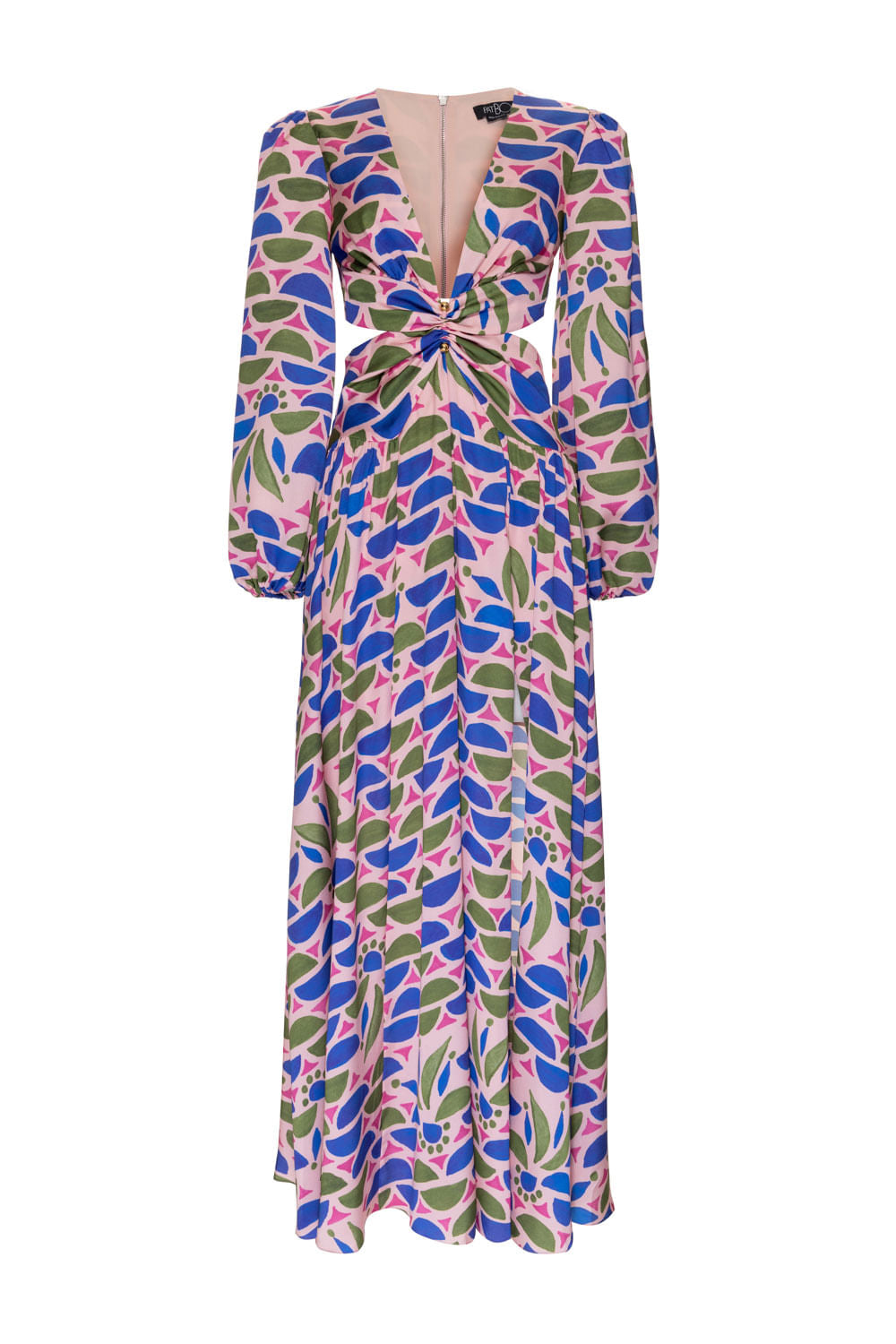 VESTIDO LONGO RECORTES CETIM GEOMÉTRICO PUNA ROSA