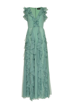 Vestido longo babados renda silky stardust verde