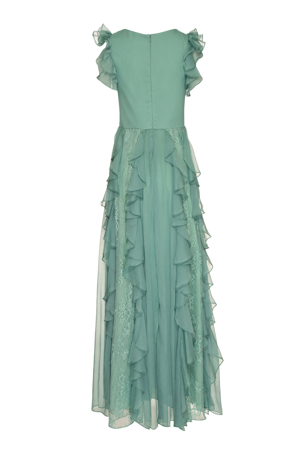 Vestido longo babados renda silky stardust verde