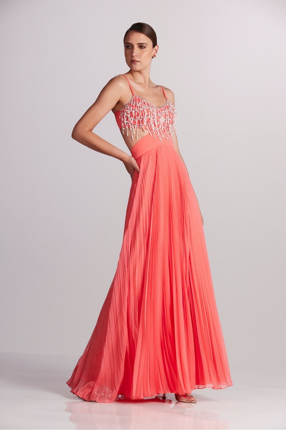 Vestido longo recortes silky sweet lucy coral