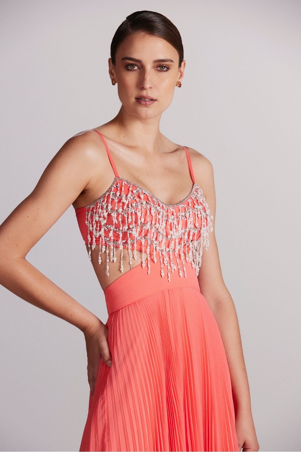 Vestido longo recortes silky sweet lucy coral