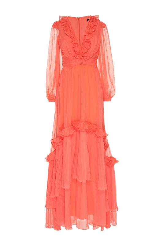 VESTIDO LONGO BABADOS SILKY STARDUST CORAL