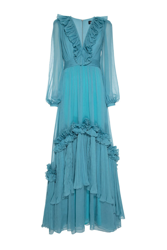 VESTIDO LONGO BABADOS SILKY STARDUST AZUL CLARO