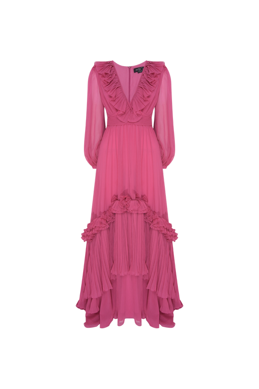 VESTIDO LONGO BABADOS SILKY STARDUST ROSA