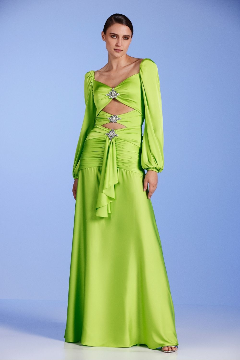 VESTIDO LONGO RECORTES CETIM EUPHORIA VERDE