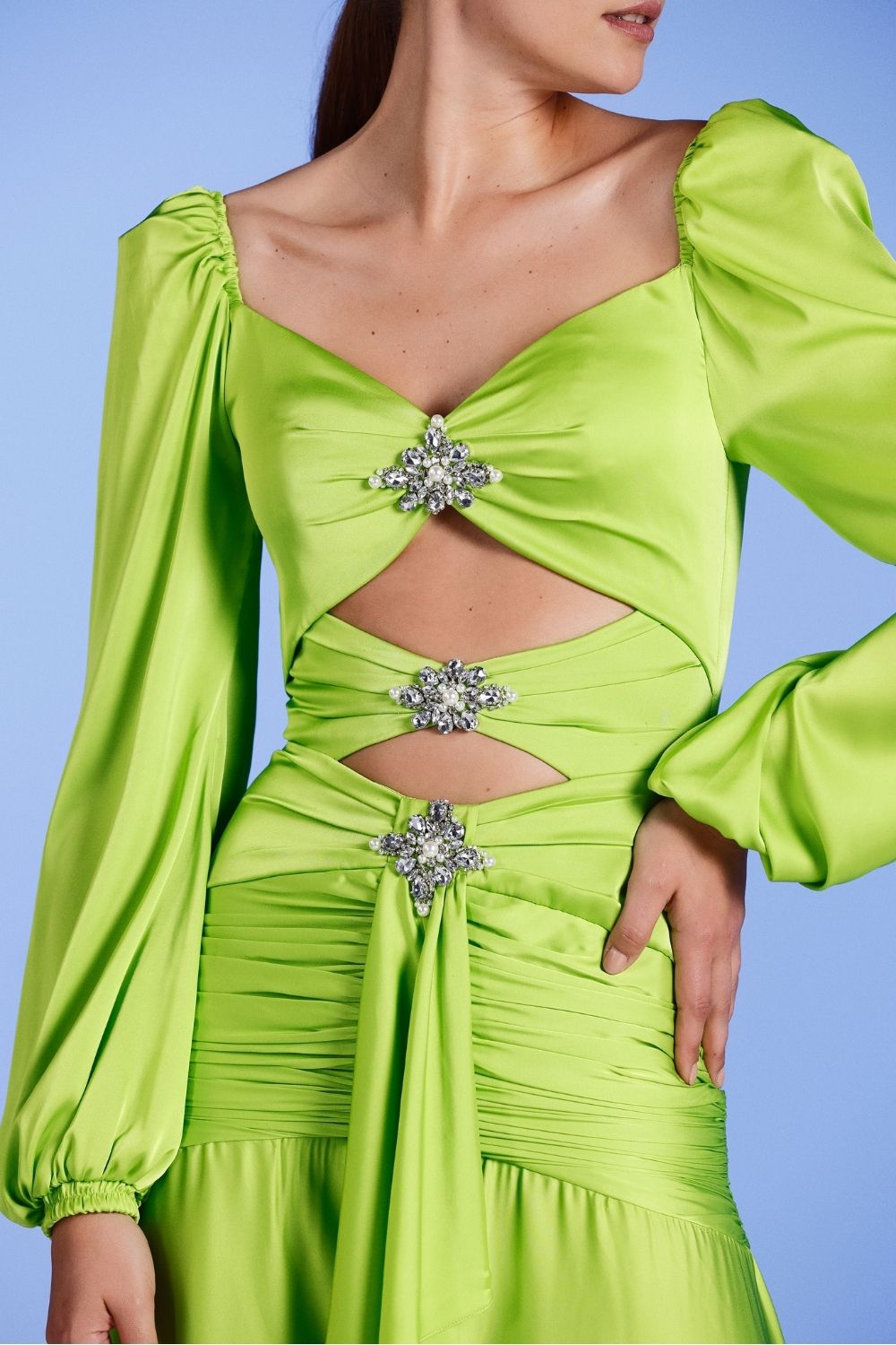 VESTIDO LONGO RECORTES CETIM EUPHORIA VERDE