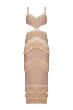 VESTIDO LONGO FRANJAS MALHA EMILLE CRU