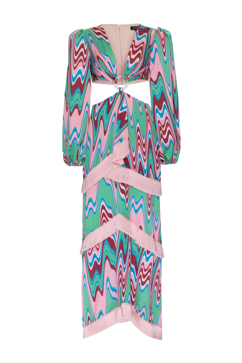 VESTIDO LONGO FRANJAS CETIM WAVES VERDE