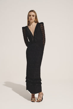 VESTIDO LONGO FRANJAS TELA GEO LUDIC PRETO