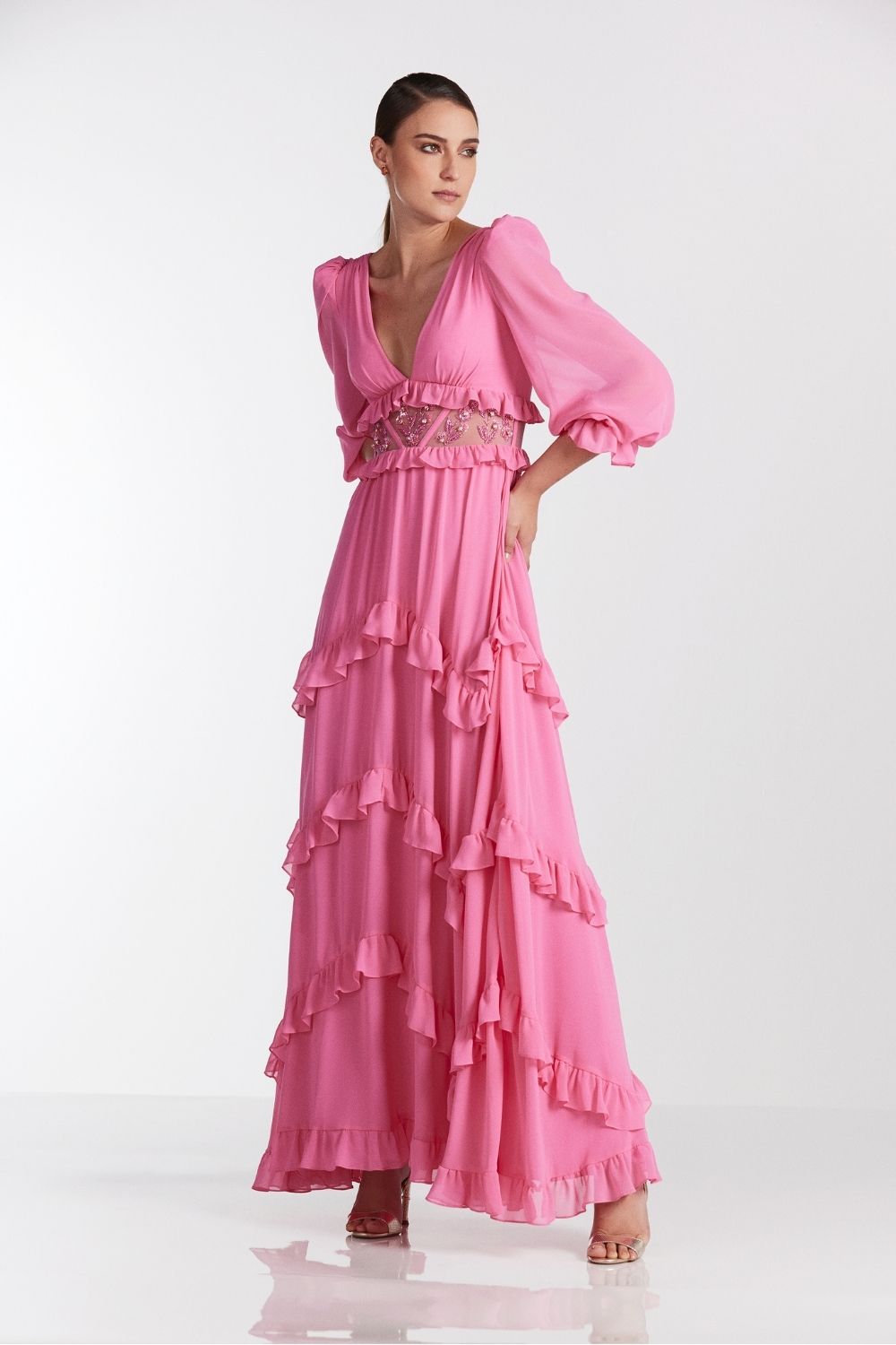 VESTIDO LONGO BORDADO CHIFFON TURNER ROSA