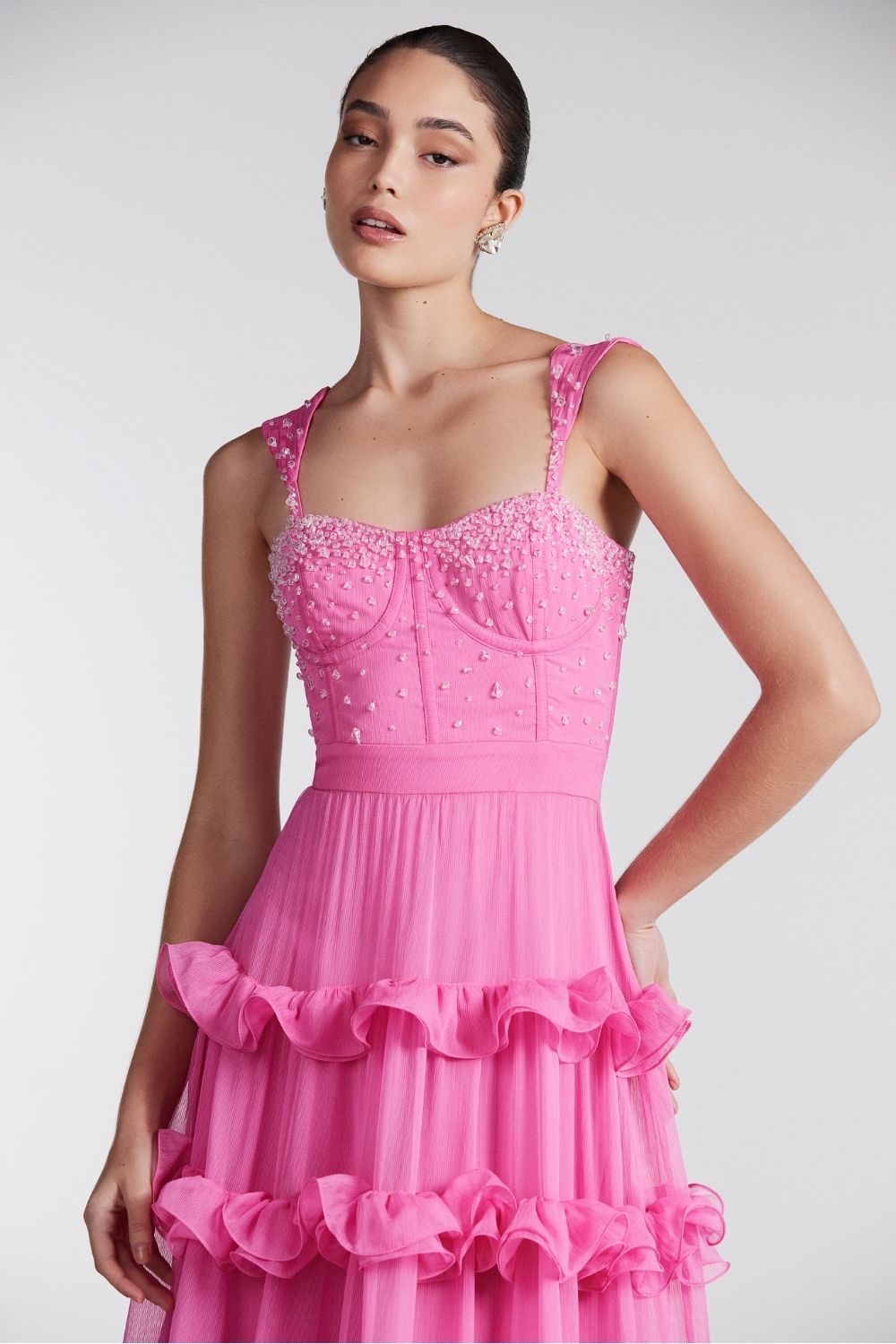 Vestido longo bordado silky sweet lucy rosa